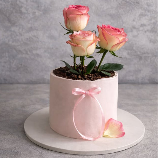 A soft pink cake designed as a flower pot with chocolate soil, fresh ombré pink roses, and a delicate pink ribbon.