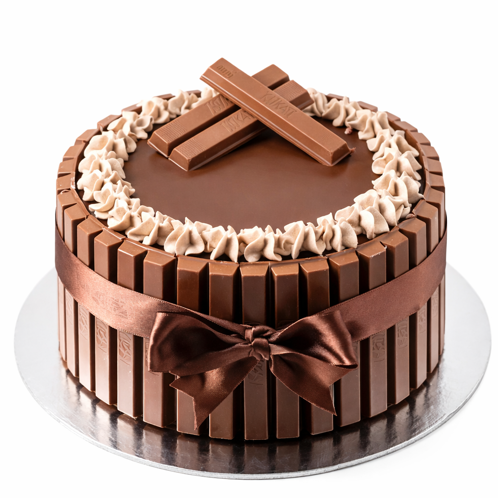 A tall Belgstrew KitKat Cake surrounded by chocolate wafer bars and topped with chocolate curls and whole KitKat pieces.
