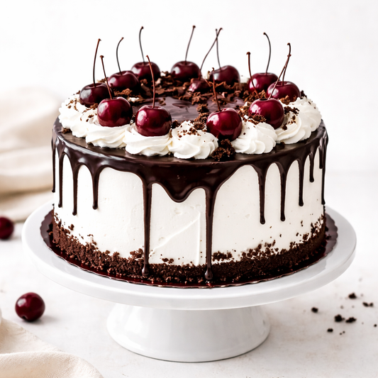 A tall Belgstrew Midnight Forest Symphony cake topped with fresh cherries and dark chocolate curls.