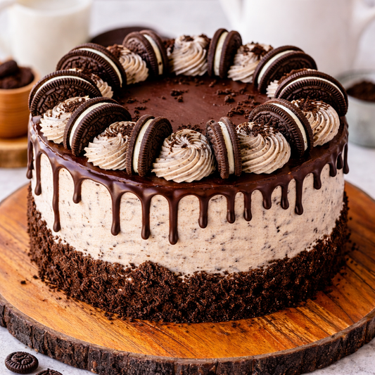 A tall Belgstrew Oreo Cookie Cake decorated with whole Oreo cookies and white cream swirls.