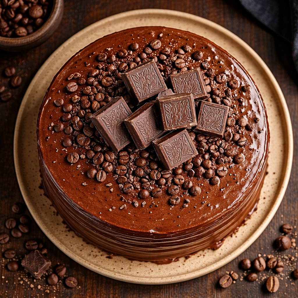 A close-up of Belgstrew Dark Chocolate Espresso Cake featuring a matte ganache finish and roasted coffee bean garnishes.
