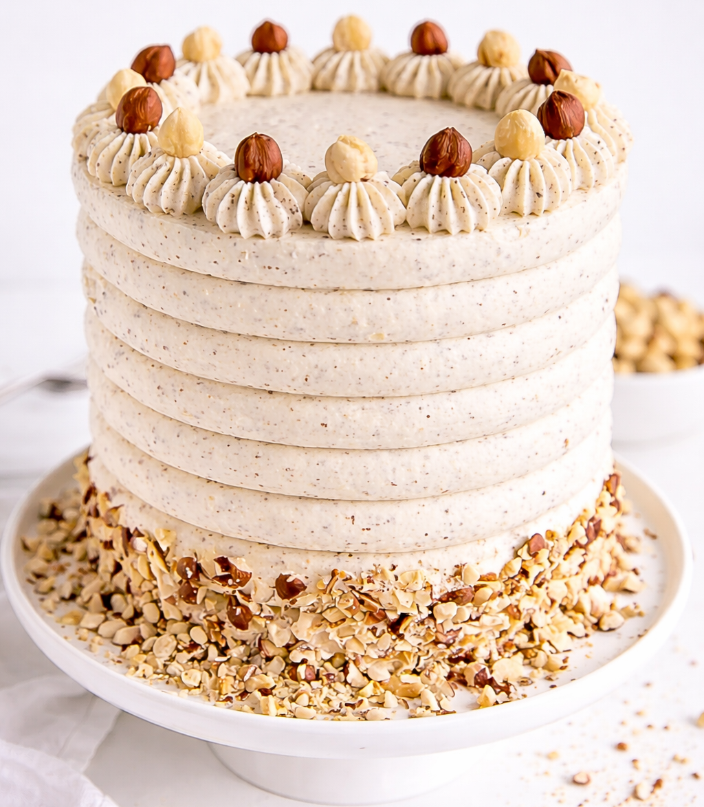 A white Belgstrew Vanilla Cake decorated with golden hazelnut praline bits and smooth cream swirls.