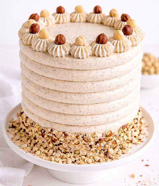 A white Belgstrew Vanilla Cake decorated with golden hazelnut praline bits and smooth cream swirls.