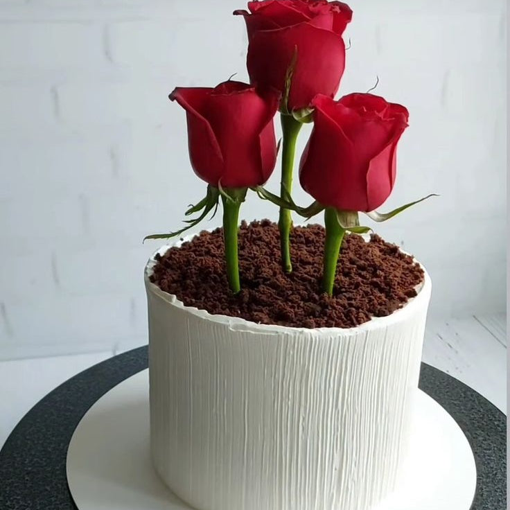 A white vertically textured cake resembling a vase, topped with chocolate soil and three fresh red roses for Mother's Day.