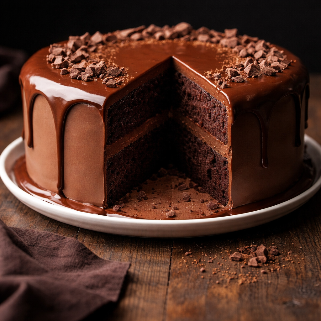 A decadent Belgstrew Belgian Chocolate Cake with a smooth chocolate finish and elegant cocoa swirls.
