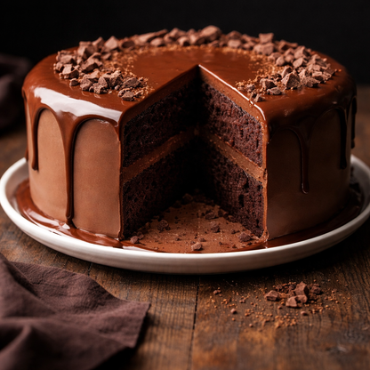 A decadent Belgstrew Belgian Chocolate Cake with a smooth chocolate finish and elegant cocoa swirls.