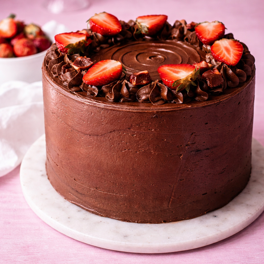 A slice of Belgstrew Chocolate Cake showing dark Belgian ganache and bright red fresh strawberry layers.