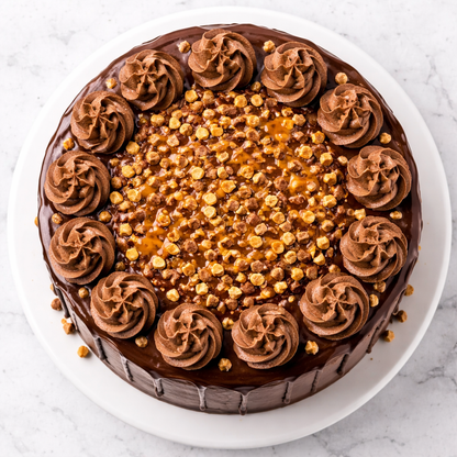 A decadent Belgstrew Chocolate Cake topped with golden butterscotch praline bits and smooth chocolate curls.