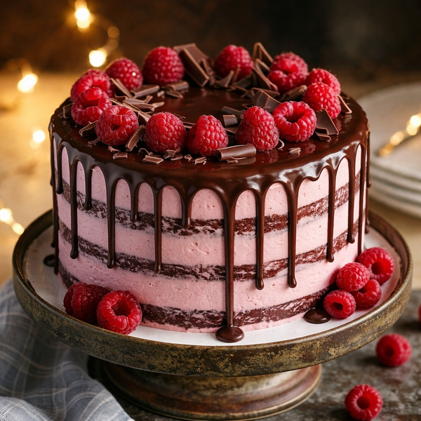 A slice of Belgstrew Chocolate Raspberry Cake showing the vibrant red fruit layer between dark chocolate sponge and smooth ganache.