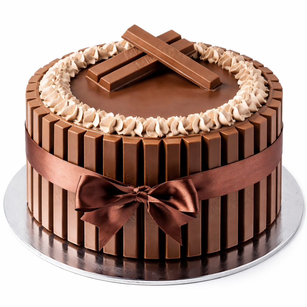 A tall Belgstrew KitKat Cake surrounded by chocolate wafer bars and topped with chocolate curls and whole KitKat pieces.