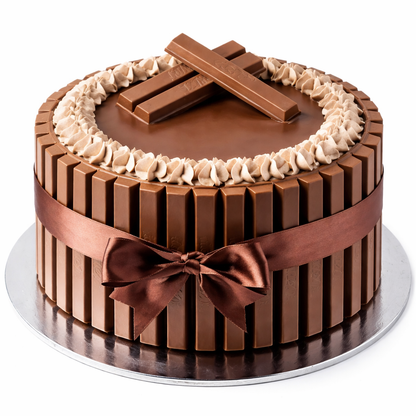 A tall Belgstrew KitKat Cake surrounded by chocolate wafer bars and topped with chocolate curls and whole KitKat pieces.