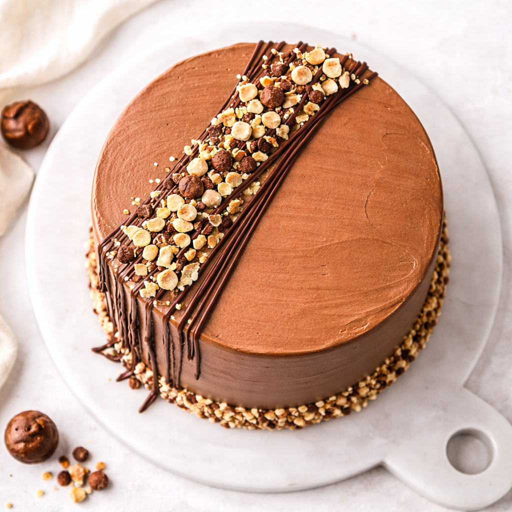 A decadent Belgstrew Milk Chocolate Cake showing a Nutella swirl and a smooth, glossy chocolate truffle finish.