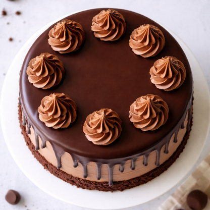 Close-up of Belgstrew Milk Chocolate Truffle Cake with smooth chocolate ganache coating and elegant cocoa swirls.