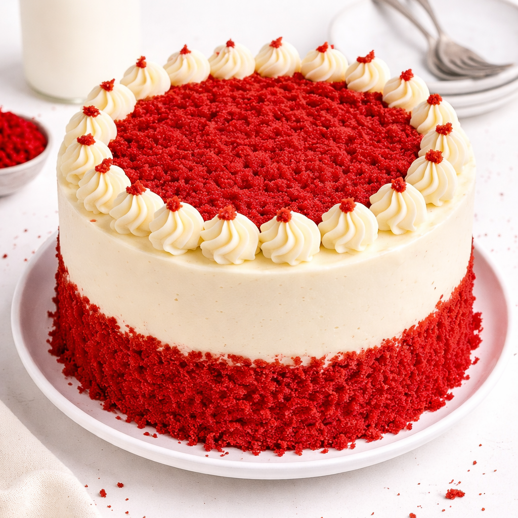 A slice of Belgstrew Red Velvet Cake showing the vibrant crimson sponge layers and thick, white cream cheese frosting.