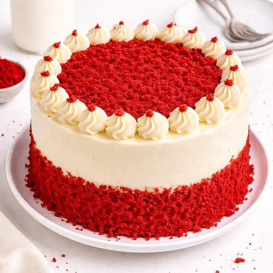 A slice of Belgstrew Red Velvet Cake showing the vibrant crimson sponge layers and thick, white cream cheese frosting.