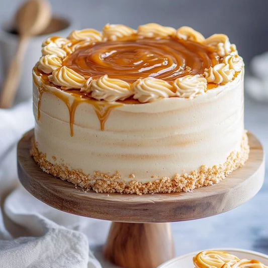 Belgstrew Salted Caramel Cake showing golden caramel drizzle and smooth cream layers.