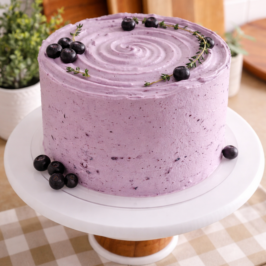 A slice of Belgstrew Vanilla Blueberry Cake showing the purple fruit filling between layers of white vanilla sponge and cream.