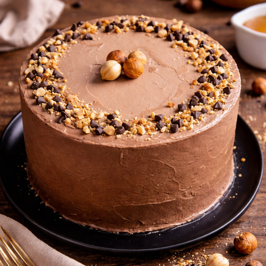 A rich Belgstrew Hazelnut Praline Chocolate Cake with caramelized hazelnut pieces and smooth truffle ganache finish.