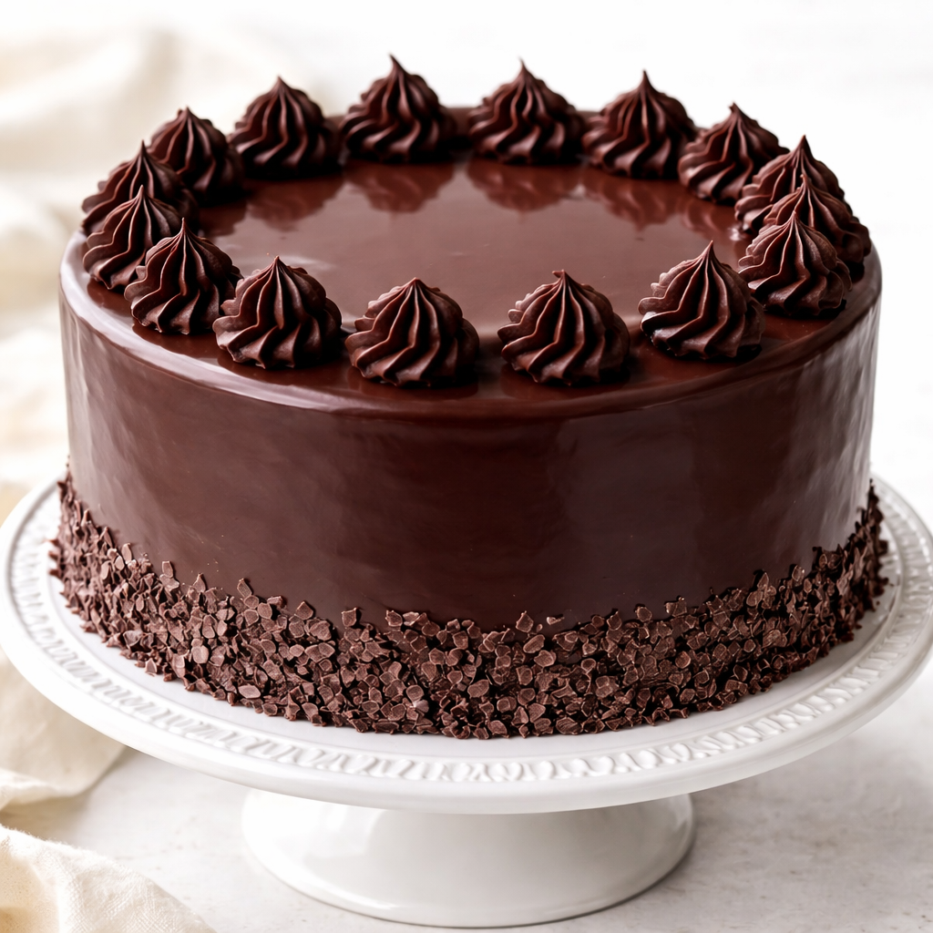 Close-up of Belgstrew Belgian Dark Chocolate Truffle Cake with a glossy ganache finish.