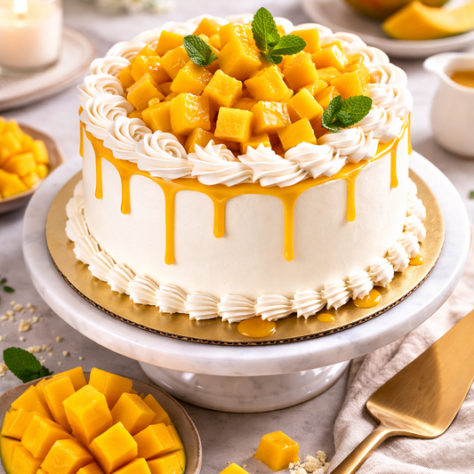 Close-up of Belgstrew Fresh Mango Cake topped with juicy golden mango chunks and fresh cream piping.