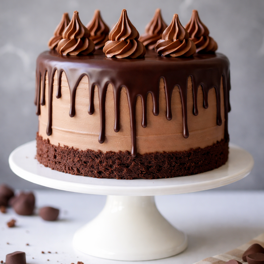 Close-up of Belgstrew Milk Chocolate Truffle Cake with smooth chocolate ganache coating and elegant cocoa swirls.