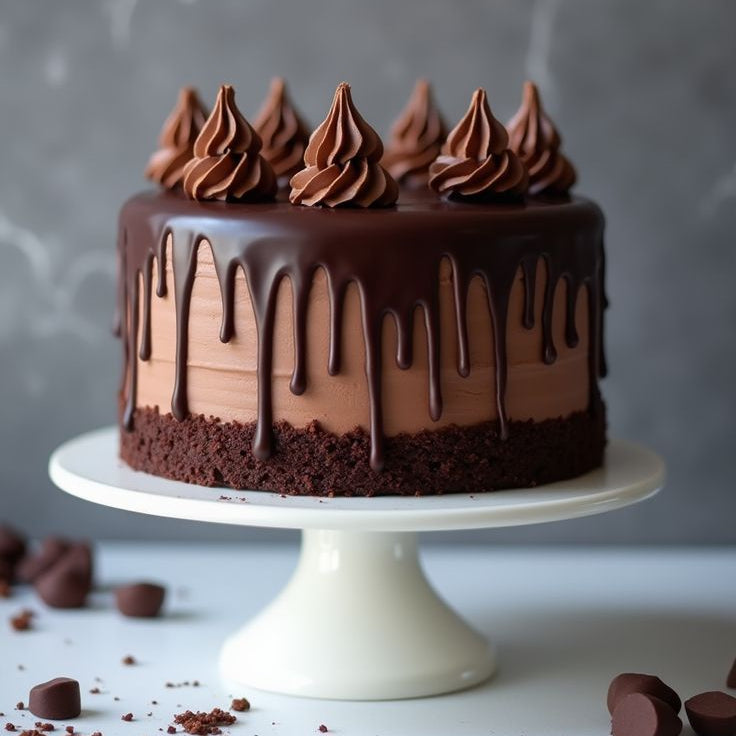 Close-up of Belgstrew Milk Chocolate Truffle Cake with smooth chocolate ganache coating and elegant cocoa swirls.