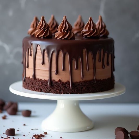 Close-up of Belgstrew Milk Chocolate Truffle Cake with smooth chocolate ganache coating and elegant cocoa swirls.