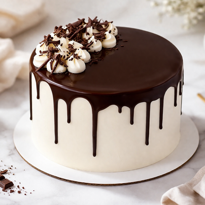 Cross-section of Belgstrew Choco-Vanilla Fusion Cake showing alternating layers of chocolate and vanilla eggless sponge.