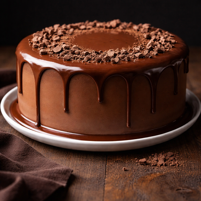 A decadent Belgstrew Belgian Chocolate Cake with a smooth chocolate finish and elegant cocoa swirls.