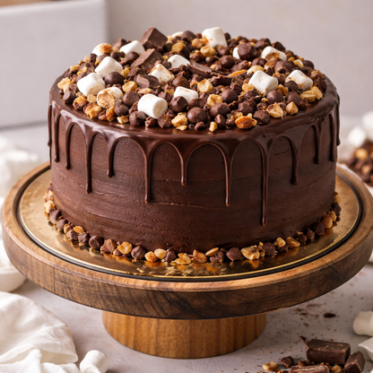 A decadent Belgstrew Rocky Road Cake topped with an abundance of roasted nuts, chocolate chunks, and a rich cocoa drizzle.