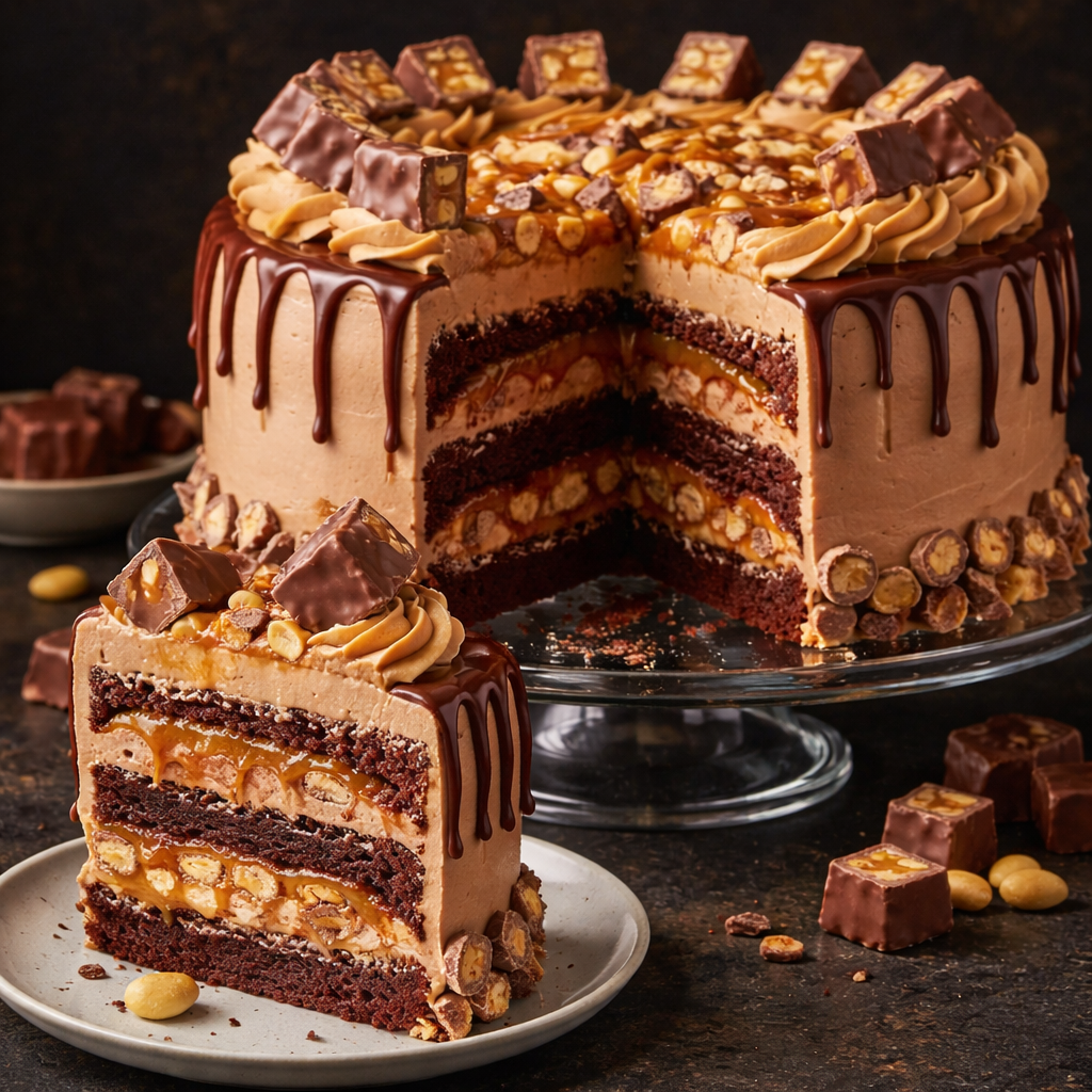 A decadent Belgstrew Snickers Cake topped with whole roasted peanuts and a thick chocolate drizzle.