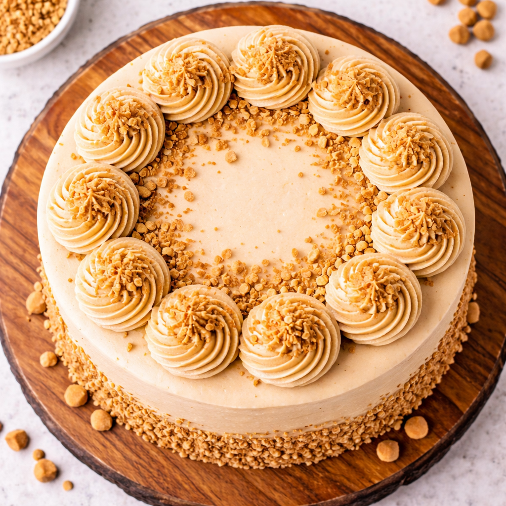 A golden Belgstrew Butterscotch Cake topped with cream swirls and honey-colored crunchy praline bits.