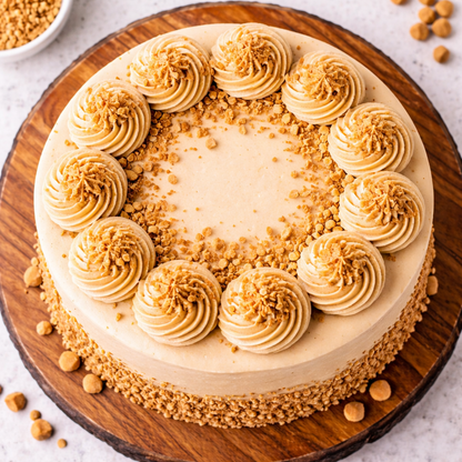 A golden Belgstrew Butterscotch Cake topped with cream swirls and honey-colored crunchy praline bits.
