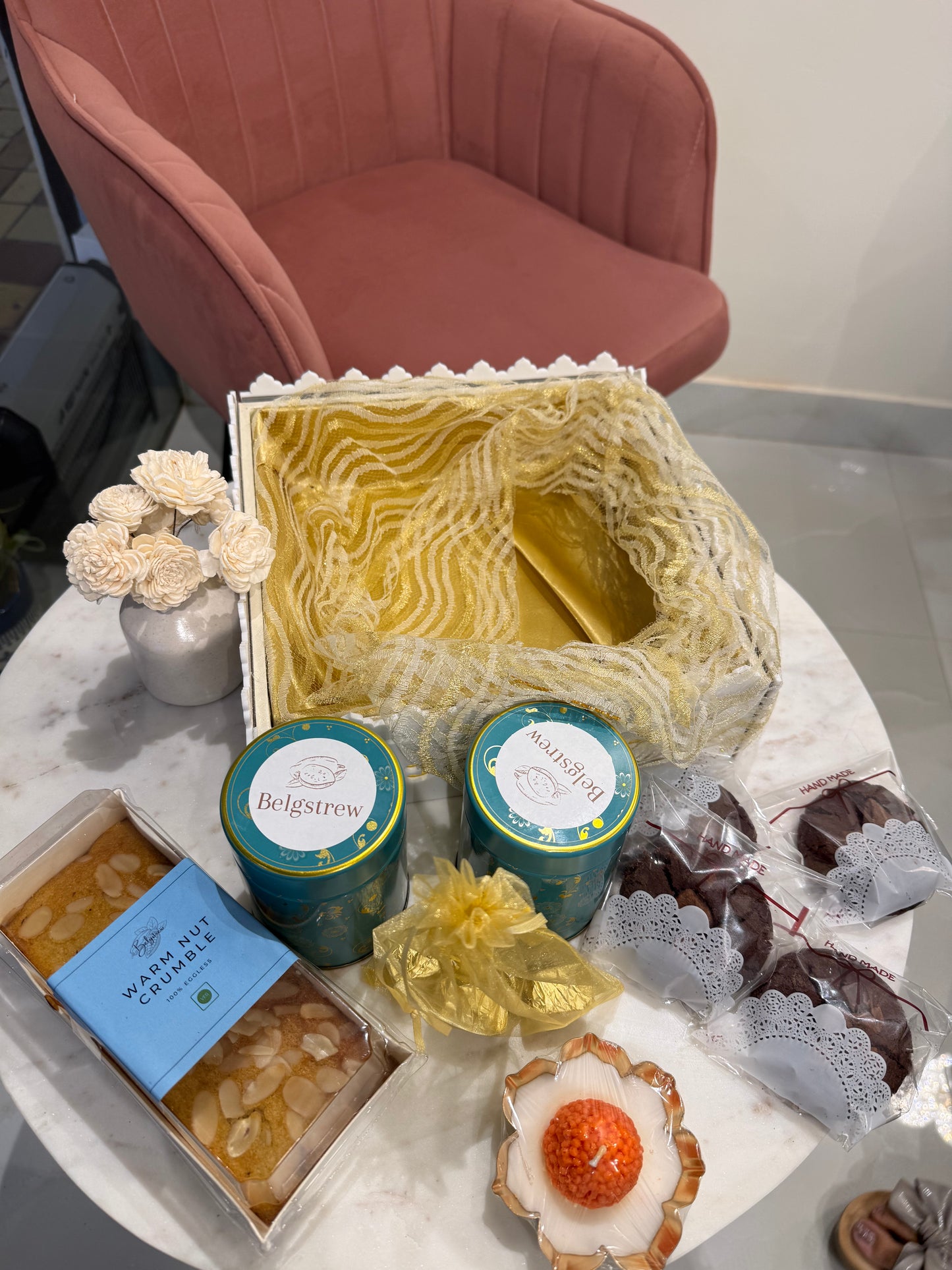 Marble Box Premium Hamper – Nuts, Cookies, Bon Bons & Laddoo Candle | Belgstrew Gifting Gurugram