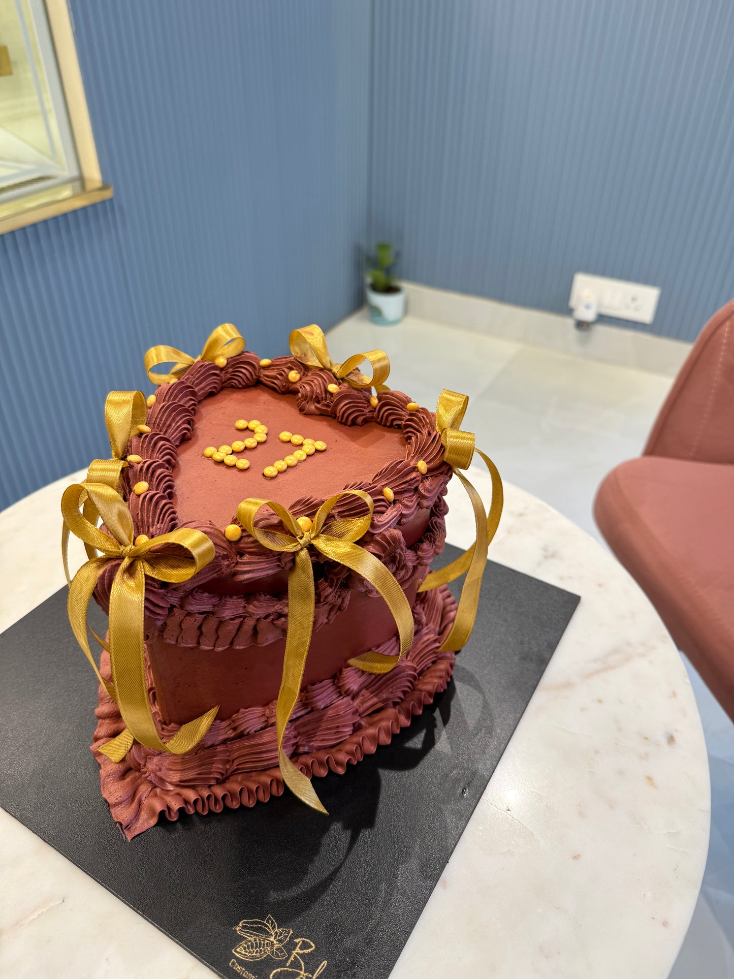 Heart-Shaped 2 Kg Hazelnut Praline Chocolate Cake with Golden Ribbons – Elegant Celebration Cake