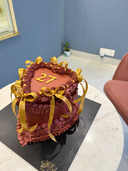 Heart-Shaped 2 Kg Hazelnut Praline Chocolate Cake with Golden Ribbons – Elegant Celebration Cake