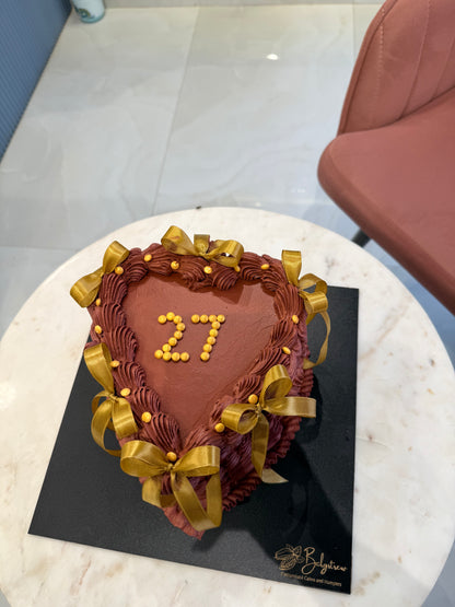 Heart-Shaped 2 Kg Hazelnut Praline Chocolate Cake with Golden Ribbons – Elegant Celebration Cake