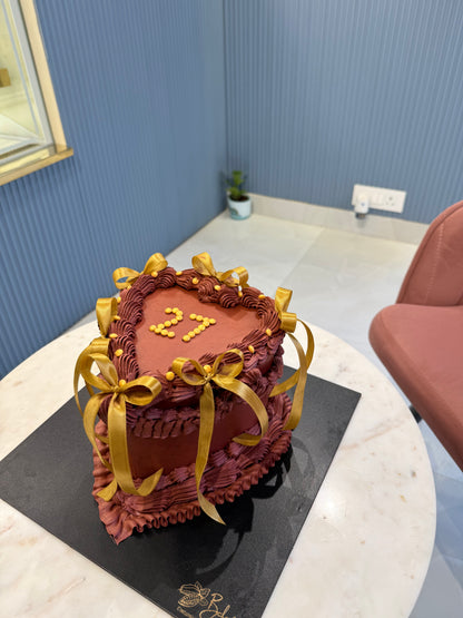 Heart-Shaped 2 Kg Hazelnut Praline Chocolate Cake with Golden Ribbons – Elegant Celebration Cake