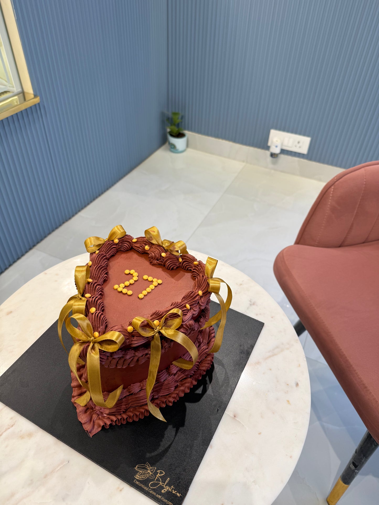 Heart-Shaped 2 Kg Hazelnut Praline Chocolate Cake with Golden Ribbons – Elegant Celebration Cake