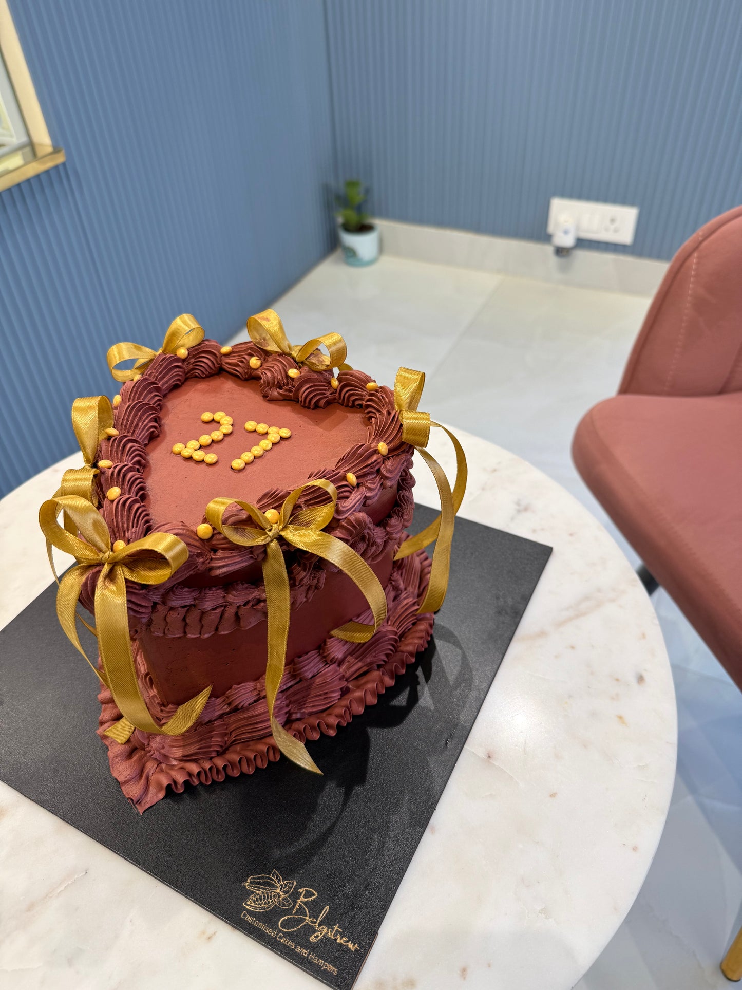 Heart-Shaped 2 Kg Hazelnut Praline Chocolate Cake with Golden Ribbons – Elegant Celebration Cake