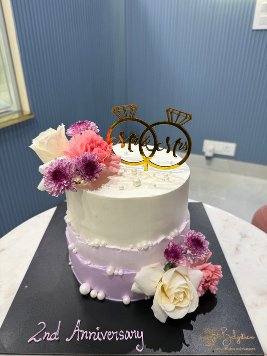 2 Kg Pineapple 2nd Anniversary Cake – Floral Elegance with Custom Mr & Mrs Topper