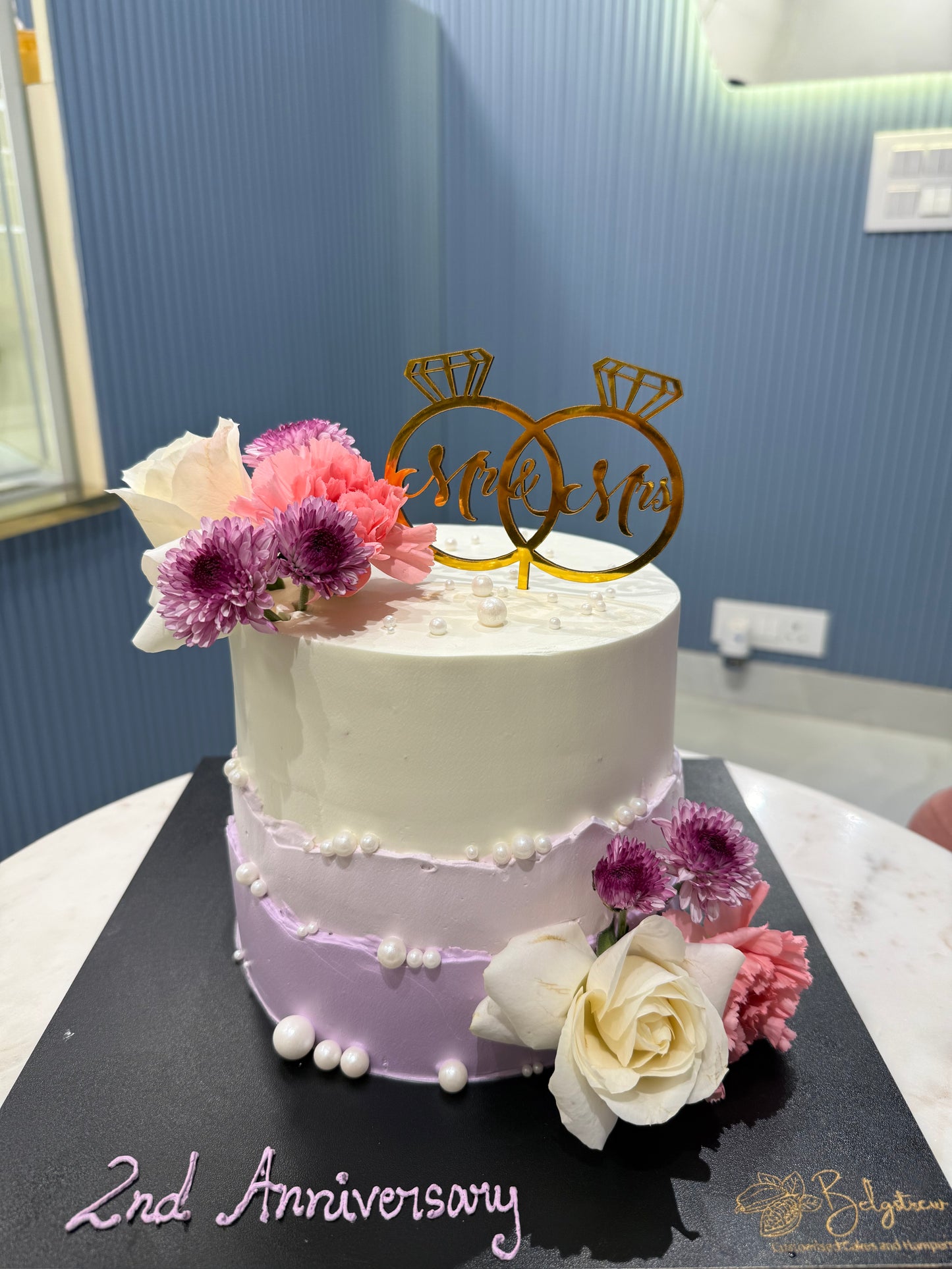2 Kg Pineapple 2nd Anniversary Cake – Floral Elegance with Custom Mr & Mrs Topper