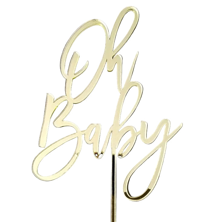 Gold 'Oh Baby' cake topper on a White background