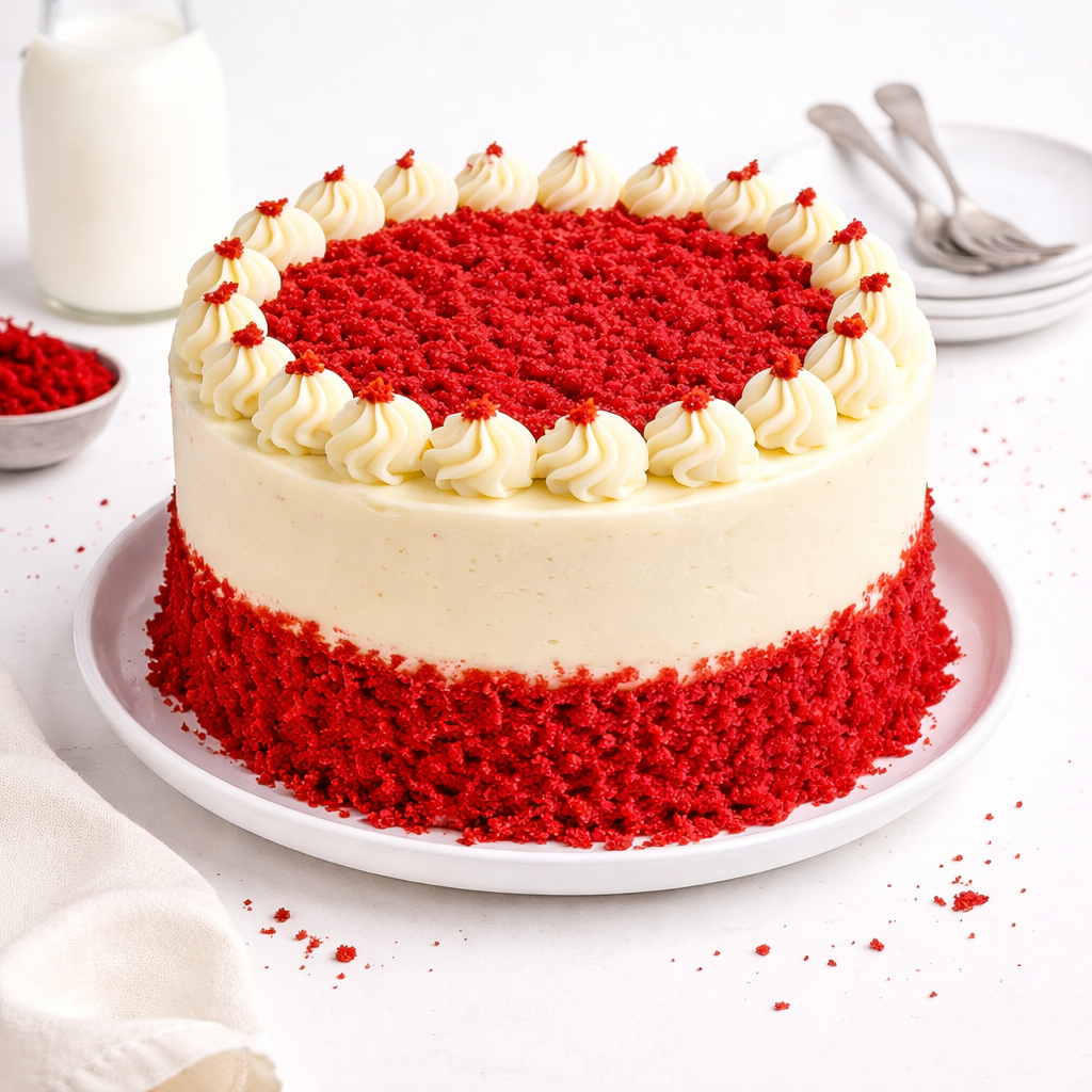 A slice of Belgstrew Red Velvet Cake showing the vibrant crimson sponge layers and thick, white cream cheese frosting.
