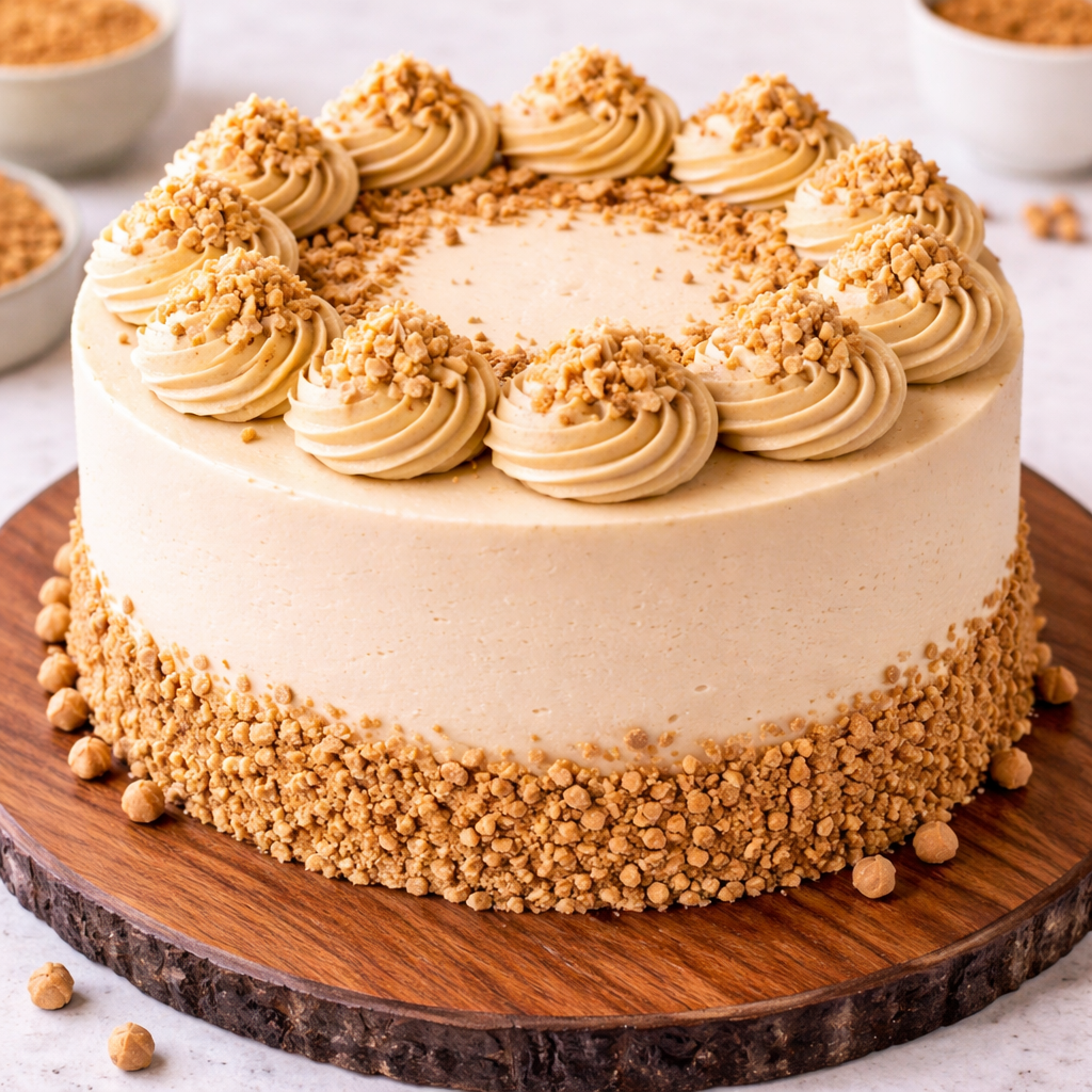 A golden Belgstrew Butterscotch Cake topped with cream swirls and honey-colored crunchy praline bits.