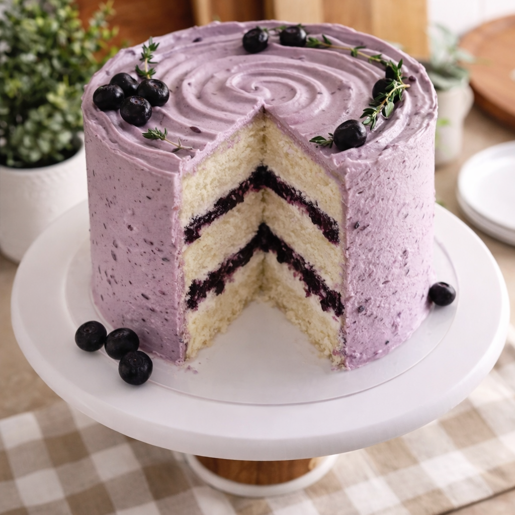 A slice of Belgstrew Vanilla Blueberry Cake showing the purple fruit filling between layers of white vanilla sponge and cream.