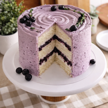 A slice of Belgstrew Vanilla Blueberry Cake showing the purple fruit filling between layers of white vanilla sponge and cream.