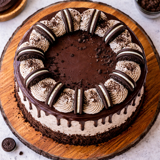 A tall Belgstrew Oreo Cookie Cake decorated with whole Oreo cookies and white cream swirls.