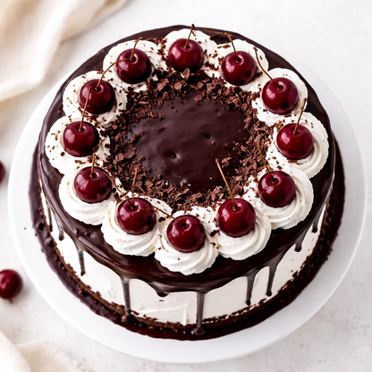 A tall Belgstrew Midnight Forest Symphony cake topped with fresh cherries and dark chocolate curls.
