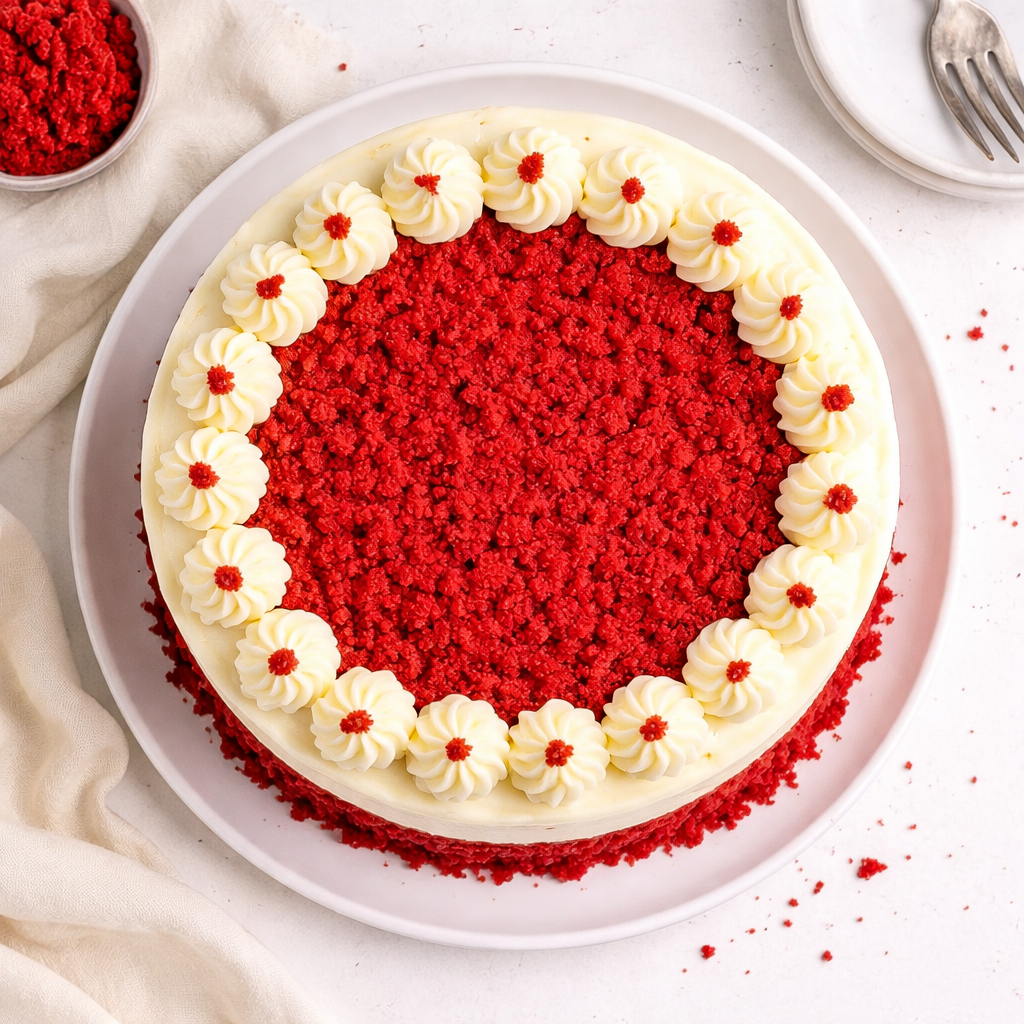 A slice of Belgstrew Red Velvet Cake showing the vibrant crimson sponge layers and thick, white cream cheese frosting.